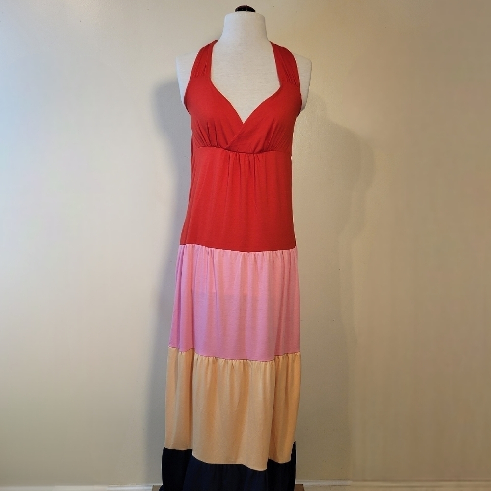 NWT: Halter top style Tiered Color block Maxi-length Sun Dress